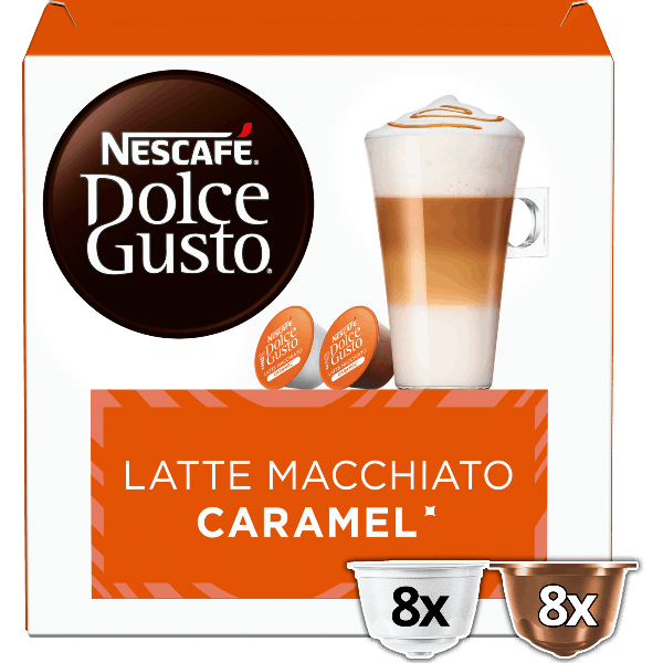 Front view of Latte Macchiato Caramel (16 pods) box
